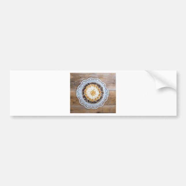 Almond nut cake on rustic wood bumper sticker (Front)