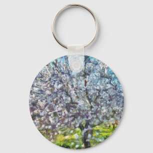 Almond Tree Blossom Dotted Art Style Painting Key Ring