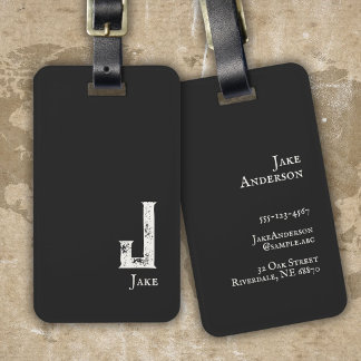 Almost black and white initials and name luggage tag