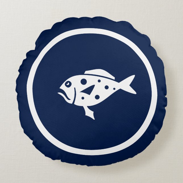 Almost Navy blue FISH nautical Round Cushion (Front)