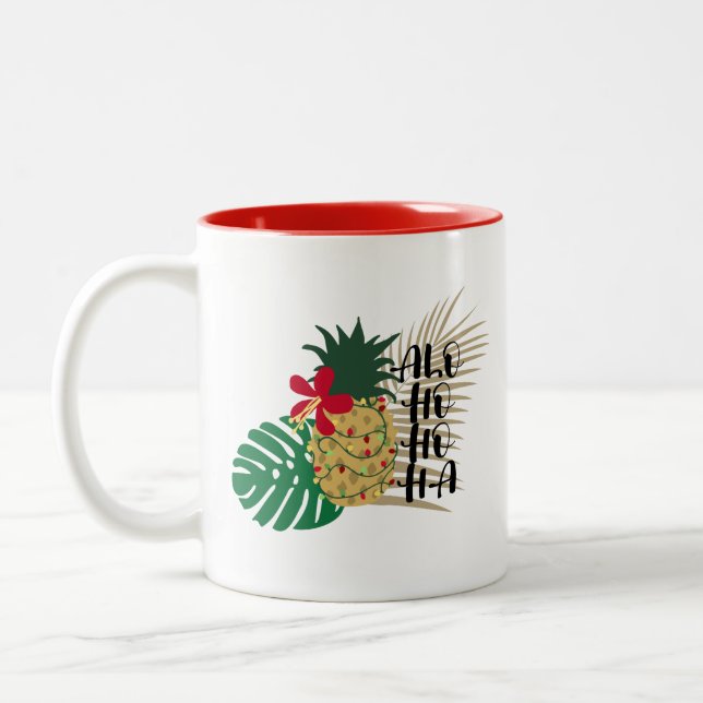 ALO-HO-HO-HA Hawaiian Tropical Pineapple Two-Tone Coffee Mug (Left)