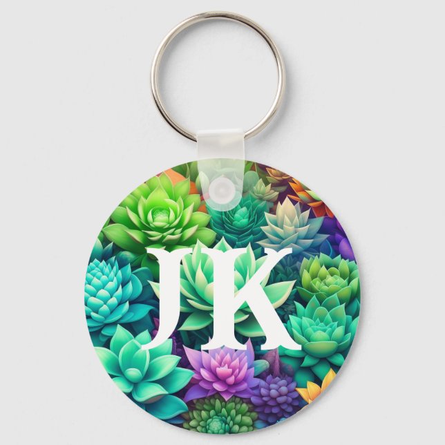 Aloe Vera and Succulents Collage Monogrammed Key Ring (Front)
