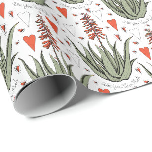 Aloe You Vera Much Orange Aloe Plants and Hearts Wrapping Paper