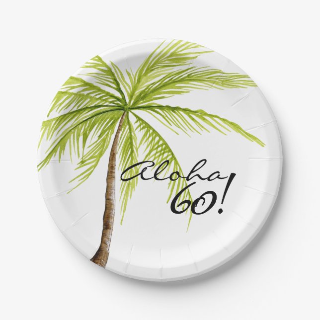 Aloha 60th Birthday Adult Palm Tree Beach Party Paper Plate (Front)