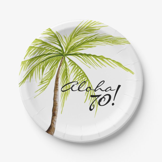 Aloha 70th Birthday Adult Palm Tree Beach Party Paper Plate (Front)