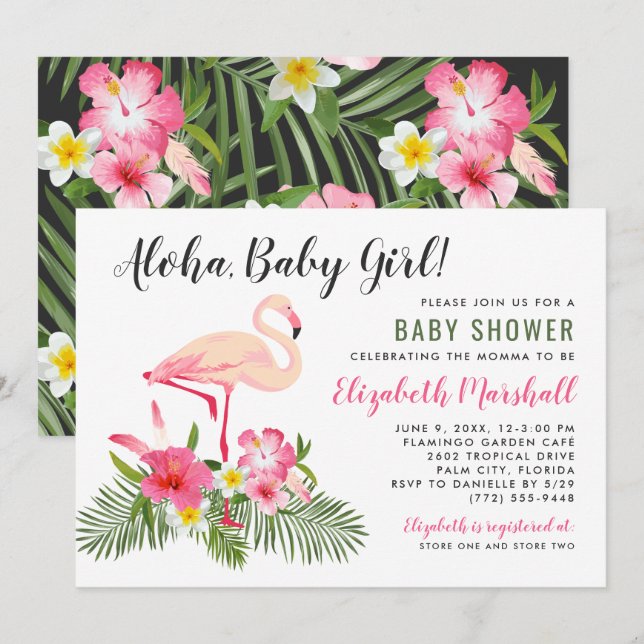 Aloha Baby Girl Flamingo Tropical Shower Invitation (Front/Back)