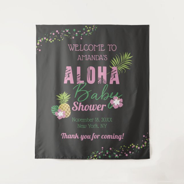 Aloha Baby Pink & Green Girl Baby Shower Welcome Tapestry (Front)