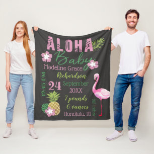 Aloha Baby Pink & Green Tropical Baby Birth Stats Fleece Blanket