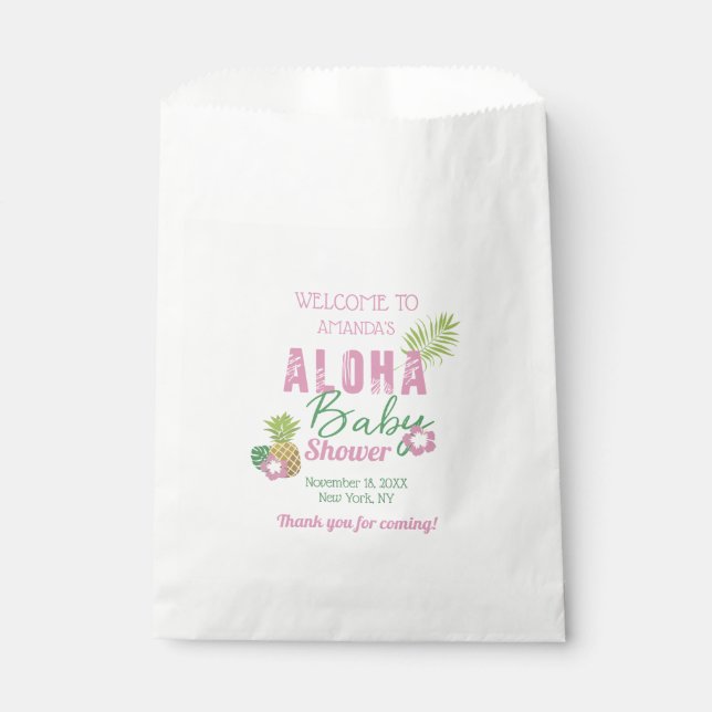 Aloha Baby Pink & Green Tropical Girl Baby Shower Favour Bag (Front)