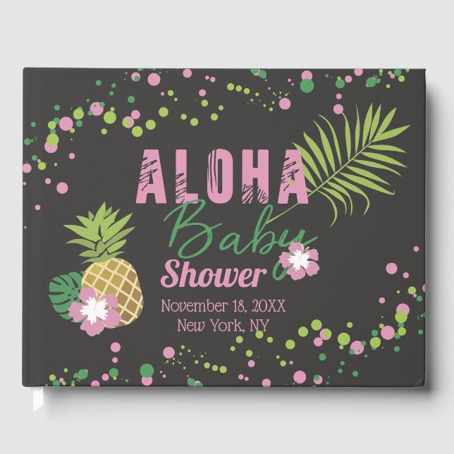 Aloha Baby Pink & Green Tropical Girl Baby Shower Guest Book (Front)