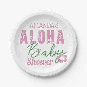 Aloha Baby Pink & Green Tropical Girl Baby Shower Paper Plate