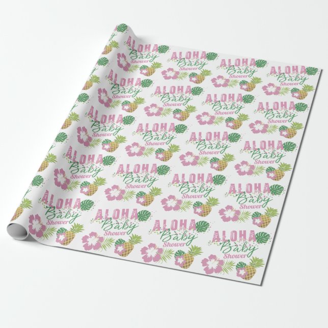 Aloha Baby Pink & Green Tropical Girl Baby Shower Wrapping Paper (Unrolled)