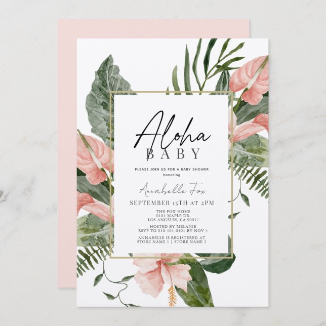 Aloha Baby Pink Tropical Floral Baby Shower Invitation (Front/Back)