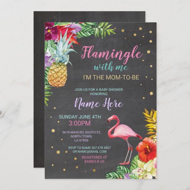 Aloha Baby Shower Flamingo Chalk Luau Gold Invite (Front/Back)