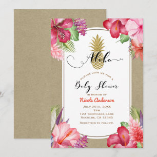 Aloha Baby Shower Tropical Gold Pineapple Floral Invitation