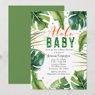 ALOHA BABY Shower Tropical Leaves Orange & Green Invitation