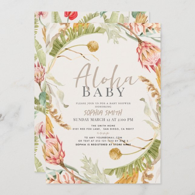 Aloha Baby Tropical Floral Botanical Baby Shower Invitation (Front/Back)
