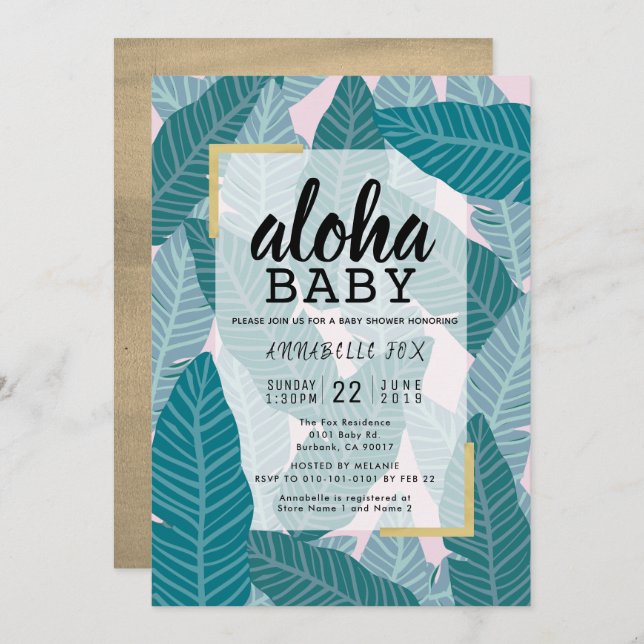 "Aloha Baby" Tropical Leaves Pink Baby Shower Invitation (Front/Back)