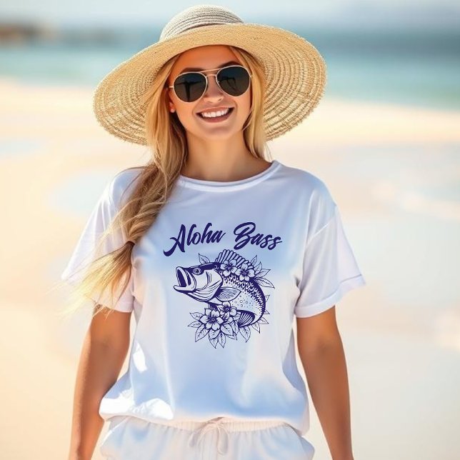 Aloha Bass-Fisherman Style T-Shirt (Aloha Bass, Hawaiian, Fisherman Core Style, Tropical Flowers, Beach t shirt, summer t shirt, blue)