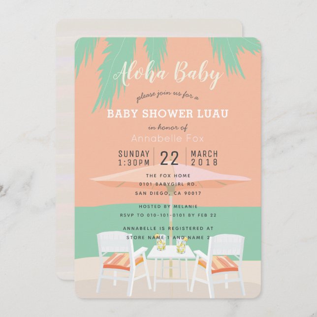 Aloha Beach Coral Pink Baby Shower Invitation (Front/Back)