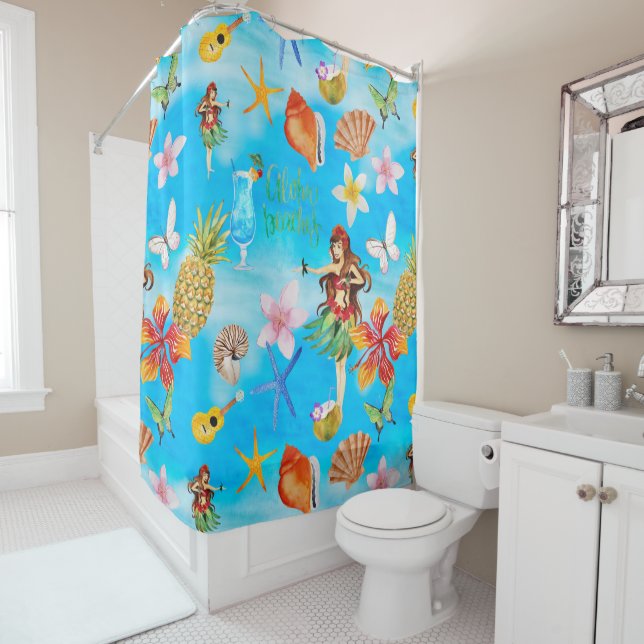 Aloha Beach Party Pattern with Hulagirl Shower Curtain (In Situ)
