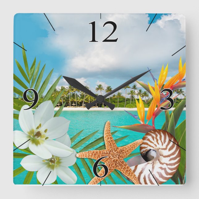 Aloha Beach Plumeria Frangipani Nautilus Square Wall Clock (Front)