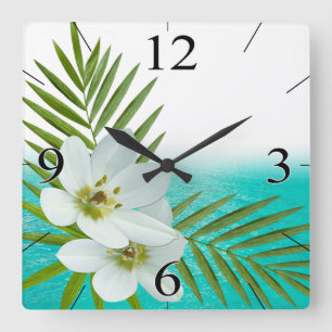 Aloha Beach Tropical Flowers Square Wall Clock