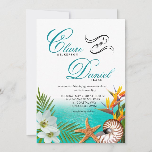 Aloha Beach Wedding Plumeria Frangipani Nautilus Invitation (Front)