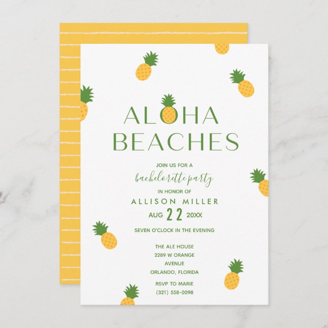 Aloha Beaches Pineapple Bachelorette Party Invitation (Front/Back)