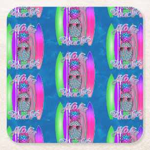 Aloha Beaches Summer Surfing Pineapple Square Paper Coaster