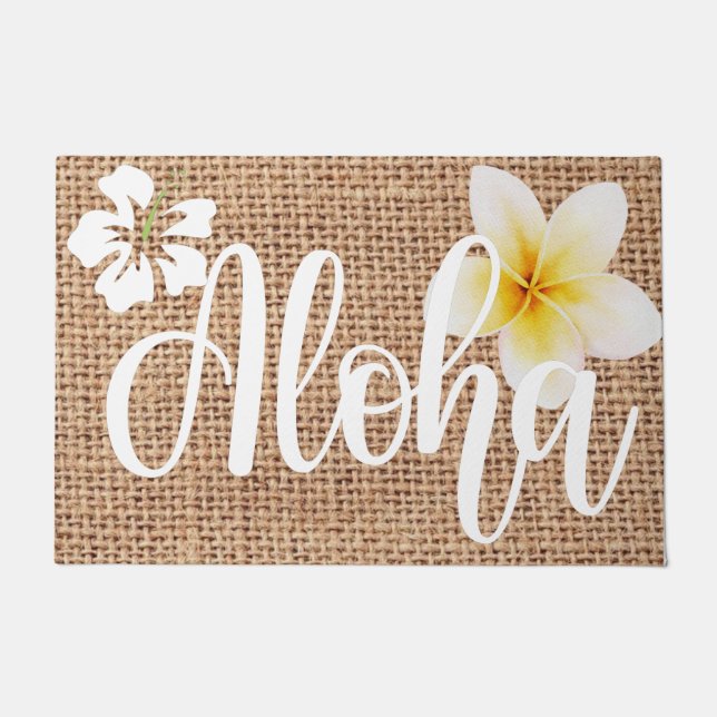 Aloha beautiful floral on burlap Hawaii summer     Doormat (Front)