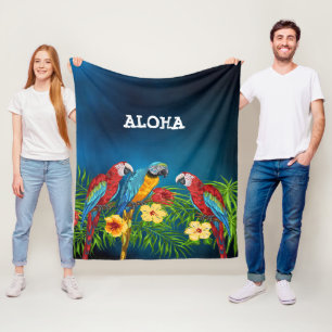 Aloha birds parrots blue palm leaves flowers fleece blanket