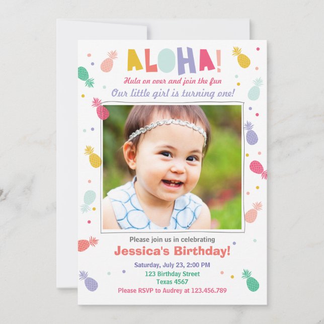 Aloha birthday invitation Tropical Luau Party Girl (Front)