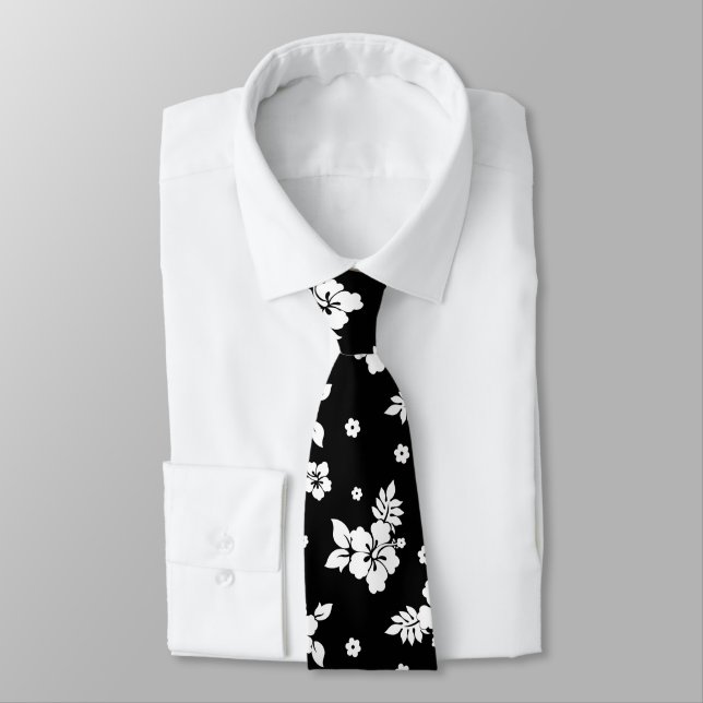 Aloha Black Classic Hawaiian Seamless Pattern Tie (Tied)