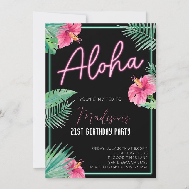 Aloha Black Floral Birthday Party Invitation (Front)