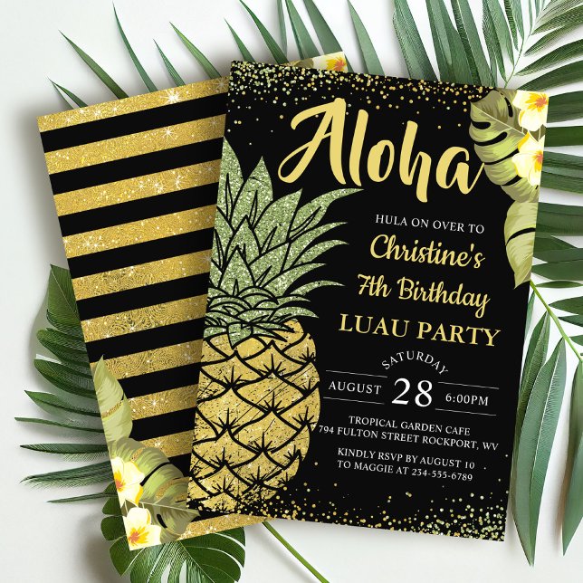 Aloha Black Gold Tropical Pineapple Birthday Invitation (Creator Uploaded)