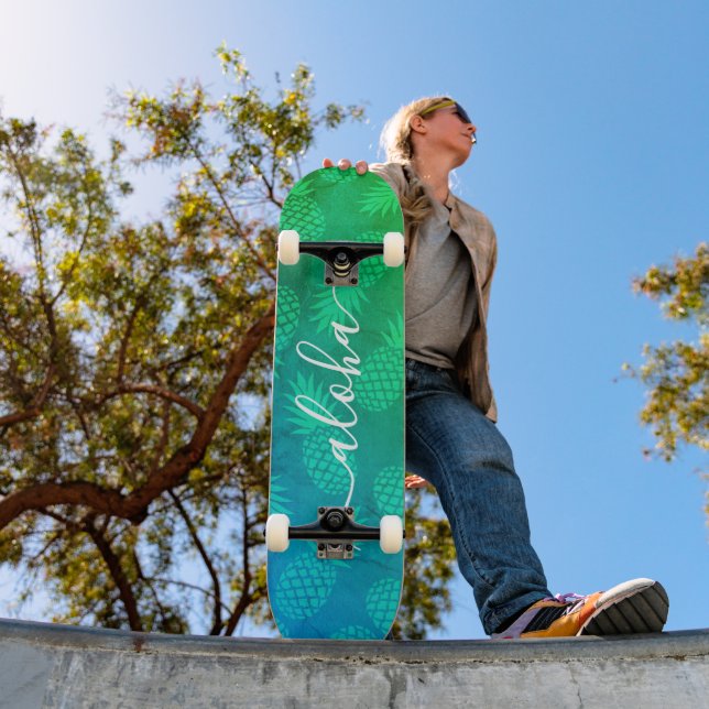 Aloha blue green pineapple pattern script modern skateboard (Outdoor 1)
