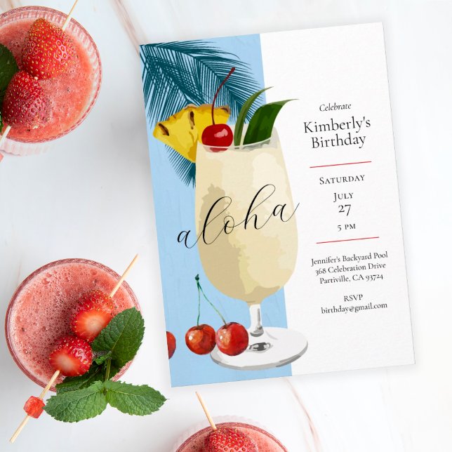 Aloha Blue Pineapple Cocktail Summer Birthday Invitation (Creator Uploaded)