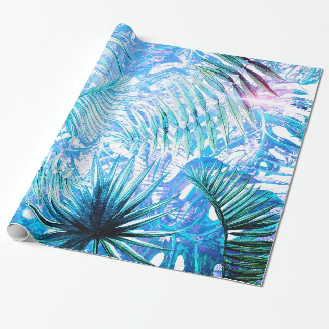 Aloha- BlueTropical Palm and Monstera Garden Wrapping Paper (Unrolled)