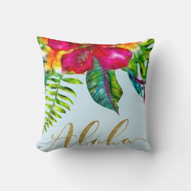 Aloha Bright Electric Pop Tropical Floral Cushion (Front)