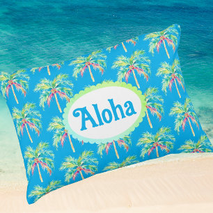 Aloha Caribbean Blue Tropical Palm Tree Decorative Cushion