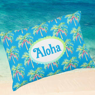 Aloha Caribbean Blue Tropical Palm Tree Decorative Cushion
