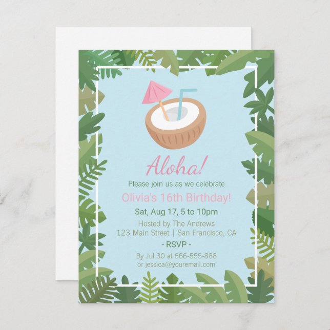 Aloha Coconut Tropical Leaves Birthday Party Invitation (Front/Back)
