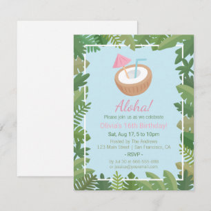 Aloha Coconut Tropical Leaves Birthday Party Invitation