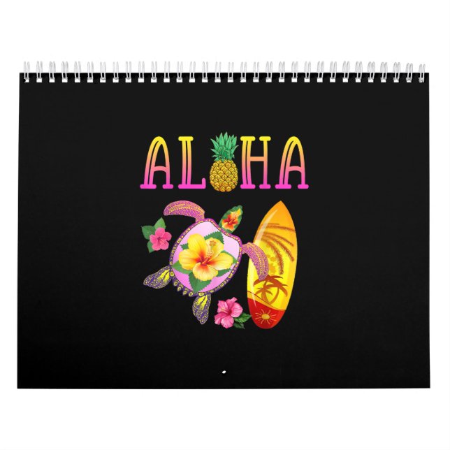 Aloha Cool Kawaii Turtle Surfboard Hawaiian Turtle Calendar (Cover)
