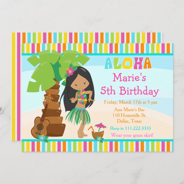 Aloha Cute African American Girl Birthday Party Invitation (Front/Back)