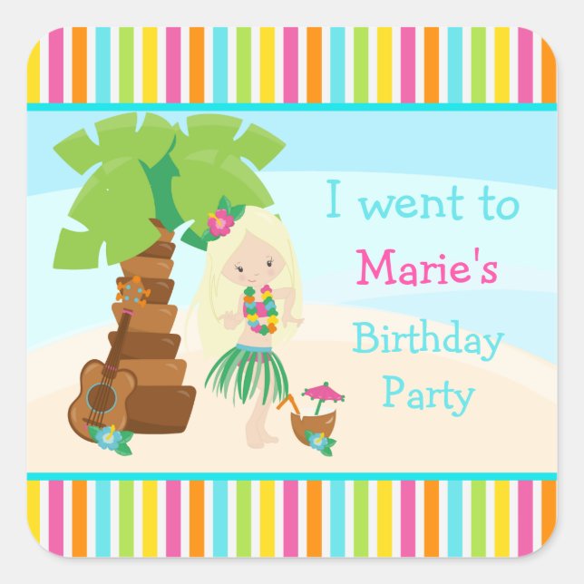 Aloha Cute Blonde Hair Girl Party Square Sticker (Front)