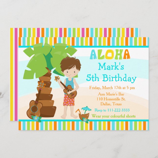 Aloha Cute Brunette Boy Birthday Party Invitation (Front/Back)