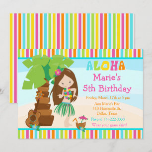 Aloha Cute Brunette Girl Birthday Party Invitation