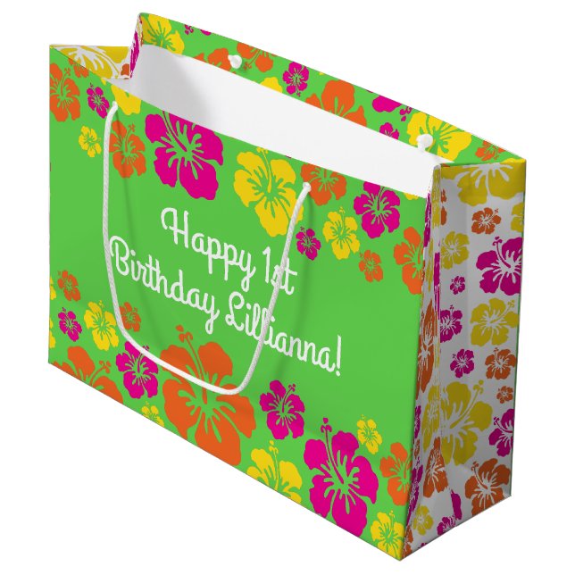 Aloha Cute Hawaiian 1st Birthday Party Theme Large Gift Bag (Front Angled)